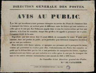 Direction générale des postes. Avis au public. Paris : [s.n.], mars 1828 (imprimerie Royale).
